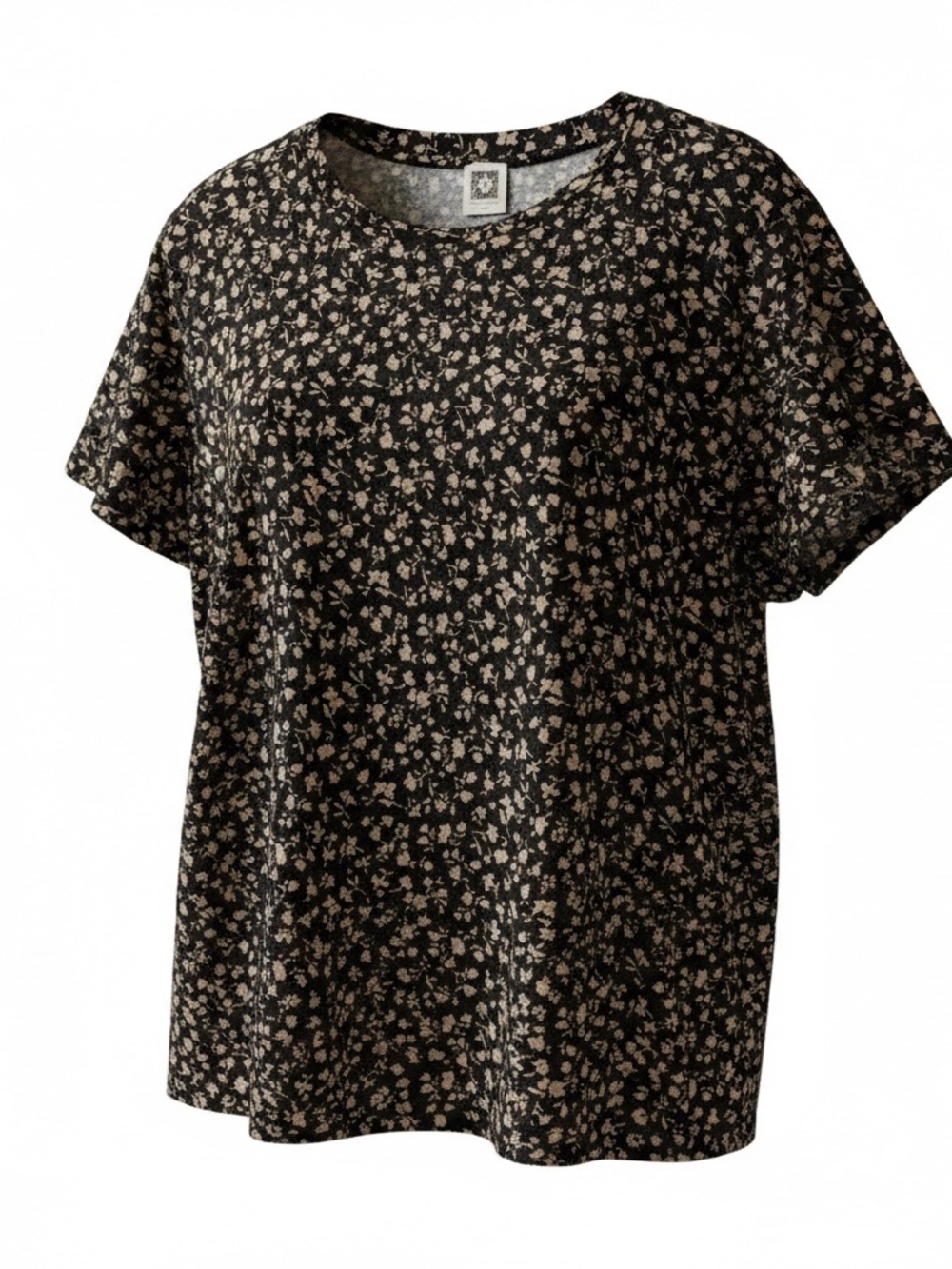 Anne Klein Office Attire Casual Black Tee with Beige Floral Print size 1X